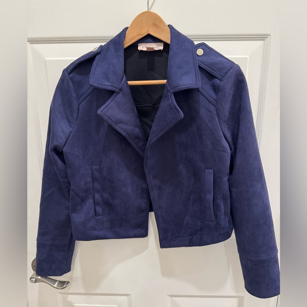 Philosophy Navy Blue Faux Suede Moto Jacket Sz S/P